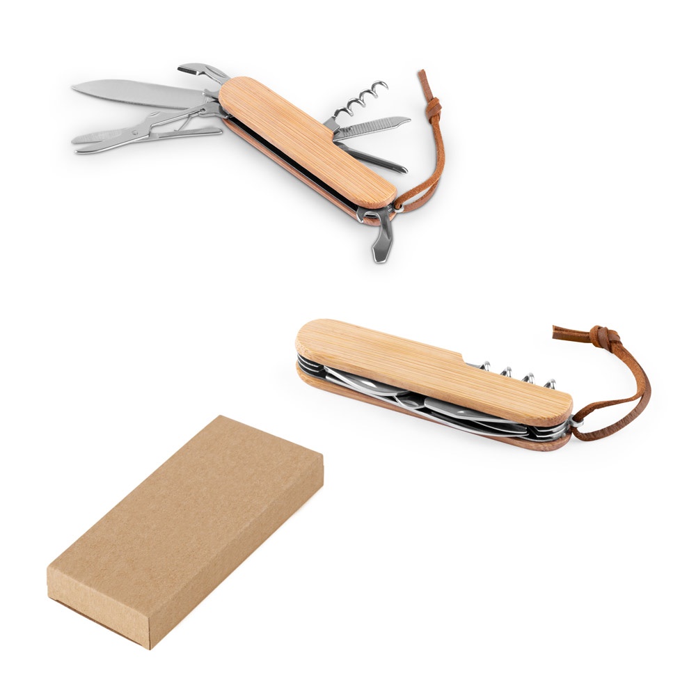 RYKER. Multifunktionales Taschenmesser aus Bambus und Edelstahl mit PU-Griff.