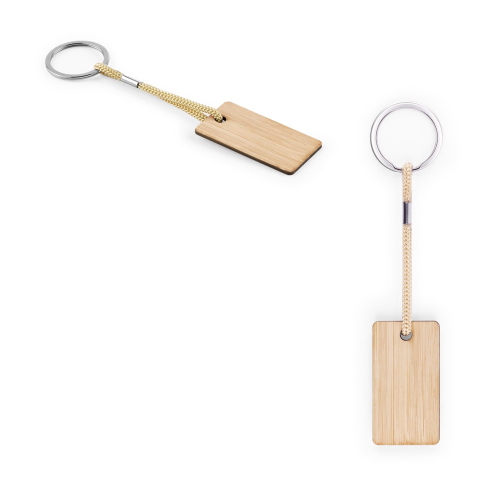 HOPPS. Rechteckiger Bambus-Schlüsselanhänger mit PET-Lanyard.