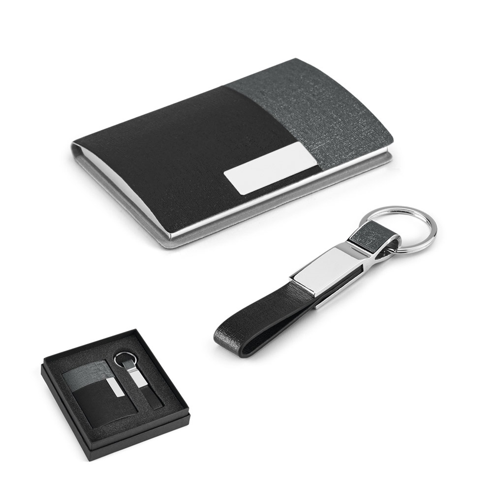 TRAVOLTA. Kartenhalter und Schlüsselanhänger-Set aus Metall und PU.