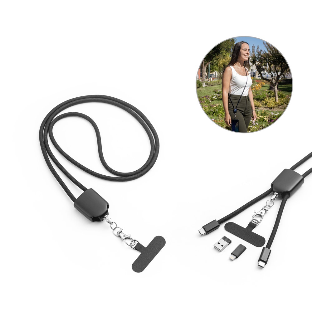 ZEWAIL. Lanyard mit Smartphone-Halterung, USB-C-Kabel und verschiedenen Adaptern aus recyceltem ABS und recyceltem TPE.