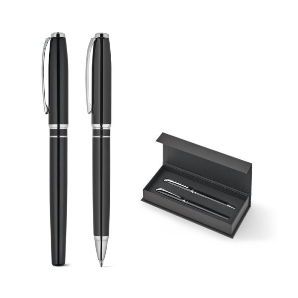 SARAMAGO. Hochwertiges Set bestehend aus einem Kugelschreiber und einem Rollerball-Stift aus Kupfer und Edelstahl mit blauer Tinte.