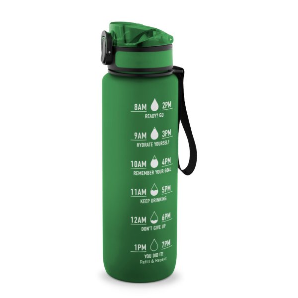 ERIKSSON. Wasserflasche aus recyceltem PET (100 % rPET) mit motivierenden Sprüchen und Zeitmarkierungen zur Förderung des Wassertrinkens. - 109 - Grün