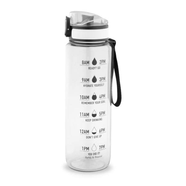 ERIKSSON. Wasserflasche aus recyceltem PET (100 % rPET) mit motivierenden Sprüchen und Zeitmarkierungen zur Förderung des Wassertrinkens. - 110 - Transparent