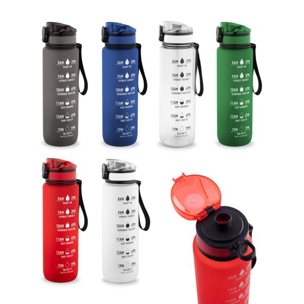 ERIKSSON. Wasserflasche aus recyceltem PET (100 % rPET) mit motivierenden Sprüchen und Zeitmarkierungen zur Förderung des Wassertrinkens.