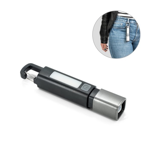 WIGGINS. ABS-Taschenlampe mit einer 2-W-LED-Lampe (53 Lumen) an der Vorderseite und einer COB-Lampe (53 Lumen) an der Oberseite.