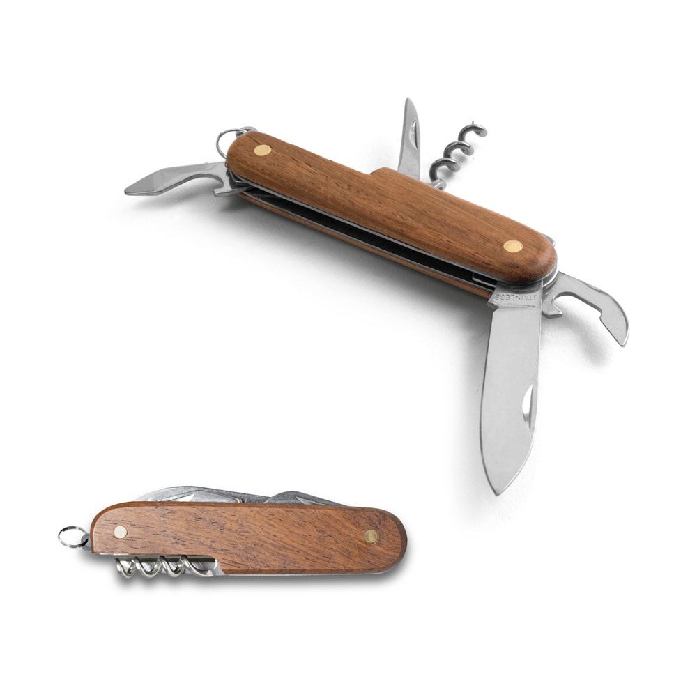 BELPIANO. Multifunktionales Taschenmesser aus Edelstahl und Holz.