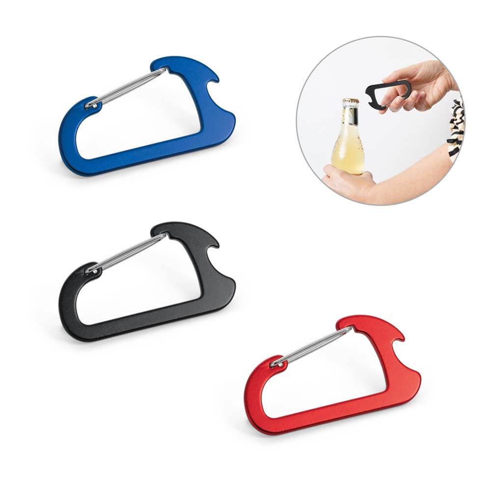 GESCHLOSSEN. Aluminium-Karabiner mit Flaschenöffner.